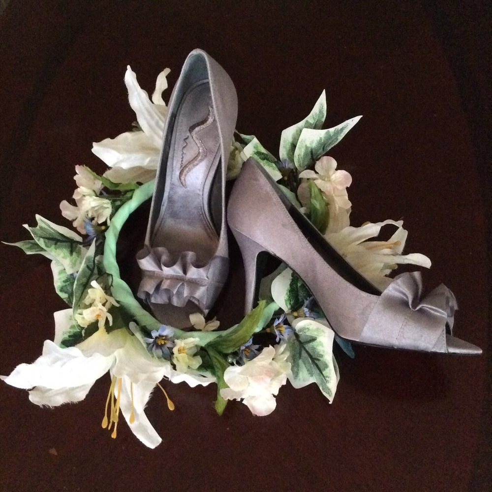 Silver Satin Ruffle Open-Toe Nina Bridal Heels